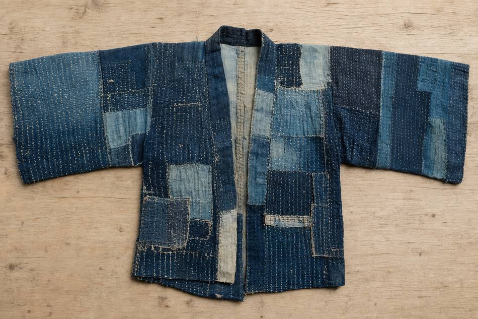 Veste boro japonaise traditionnelle multi-couches en indigo et coton avec de nombreuses coutures sashiko blanches, posée sur fond de bois clair