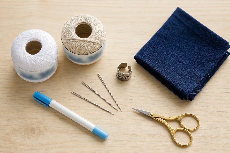 Flatlay du matériel sashiko essentiel : bobines de fil Olympus blanc et écru, aiguilles longues, dé métal, stylo soluble, et morceau de tissu indigo