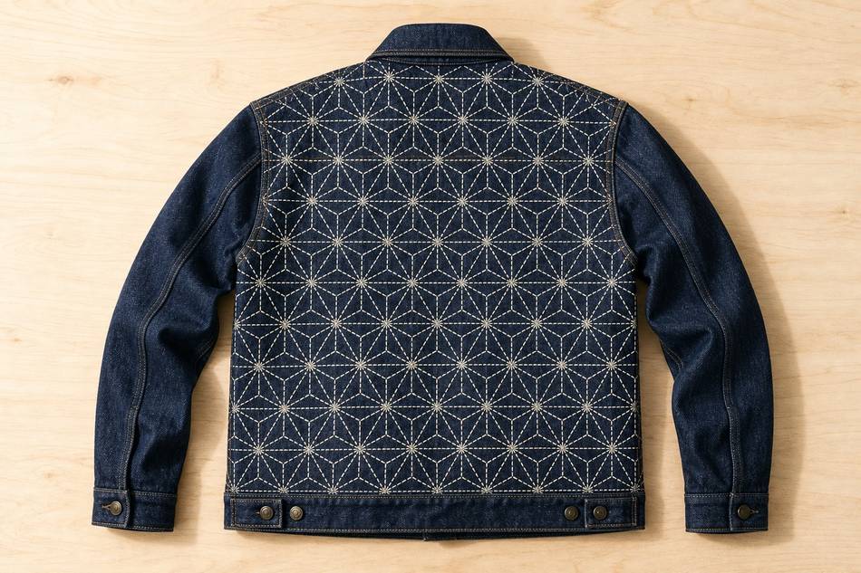 Dos d'une veste en jean brut entièrement décoré au sashiko blanc avec motif asanoha large couvrant toute la surface, posée sur fond bois