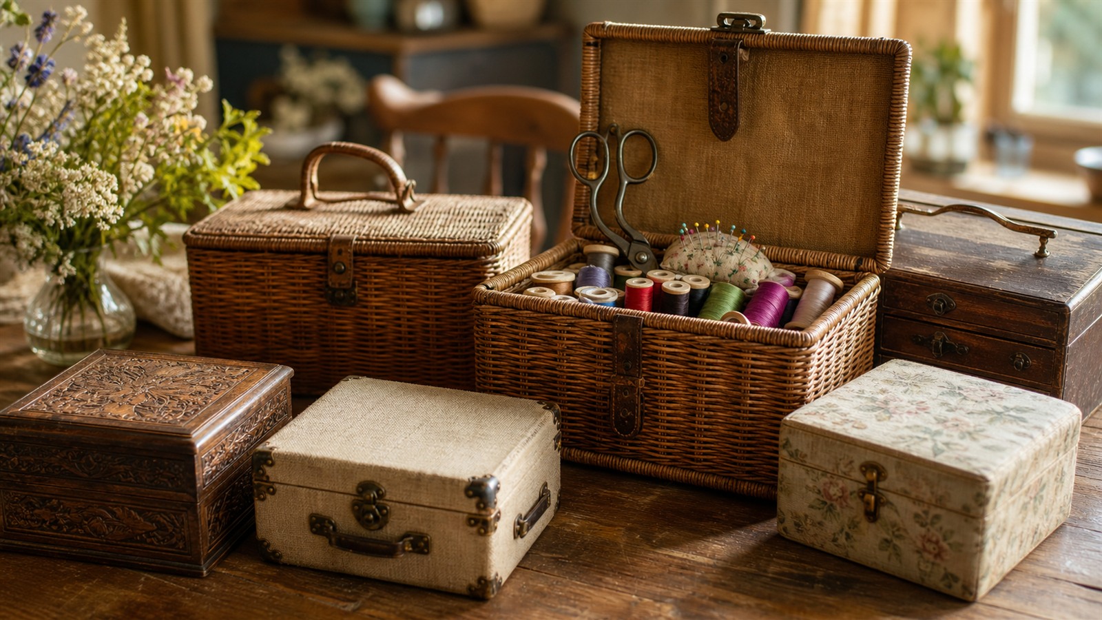 Collection de boîtes à couture ouvertes sur table en bois