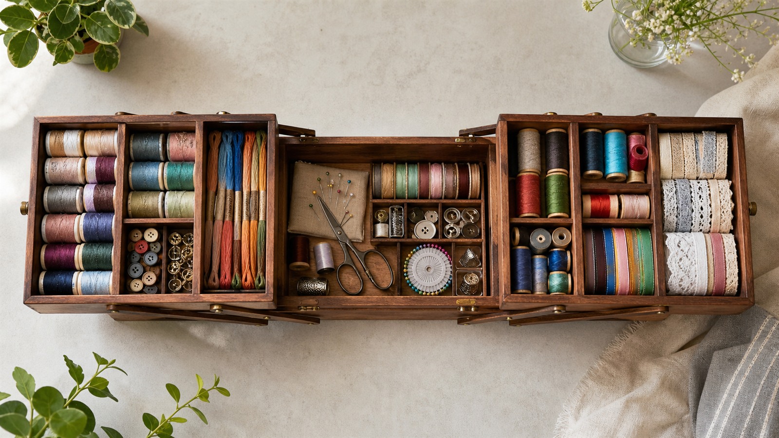 Boîte à couture ouverte montrant l'organisation des accessoires