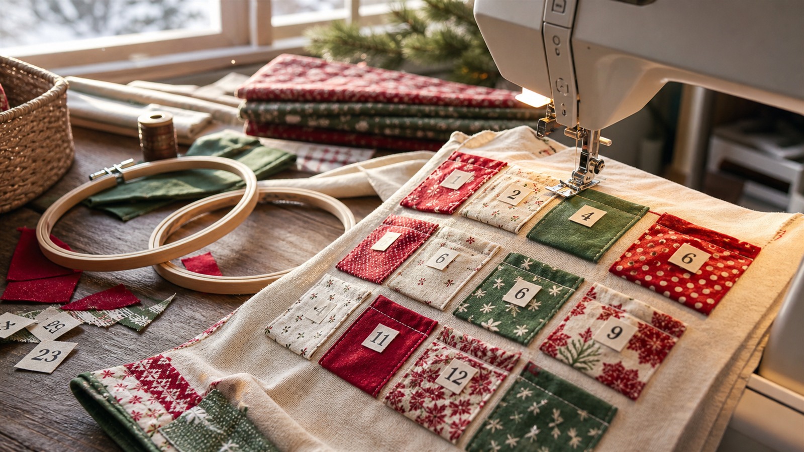Poches de calendrier de l’Avent en cours de couture avec tambours à broder