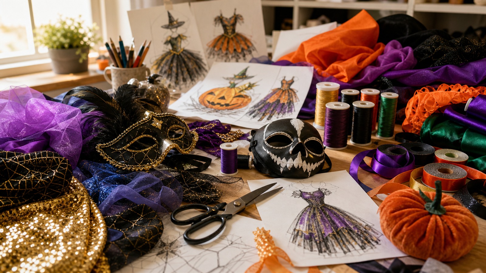 Table de couture avec tissus colorés et accessoires de déguisement