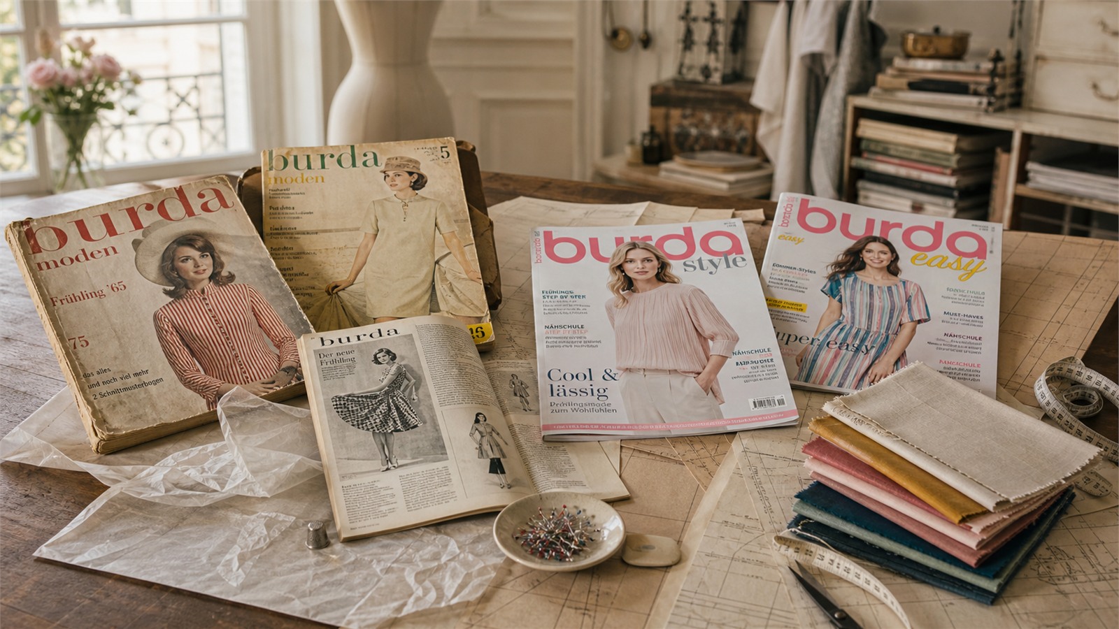 Magazines Burda et planches de patrons sur une table de couture