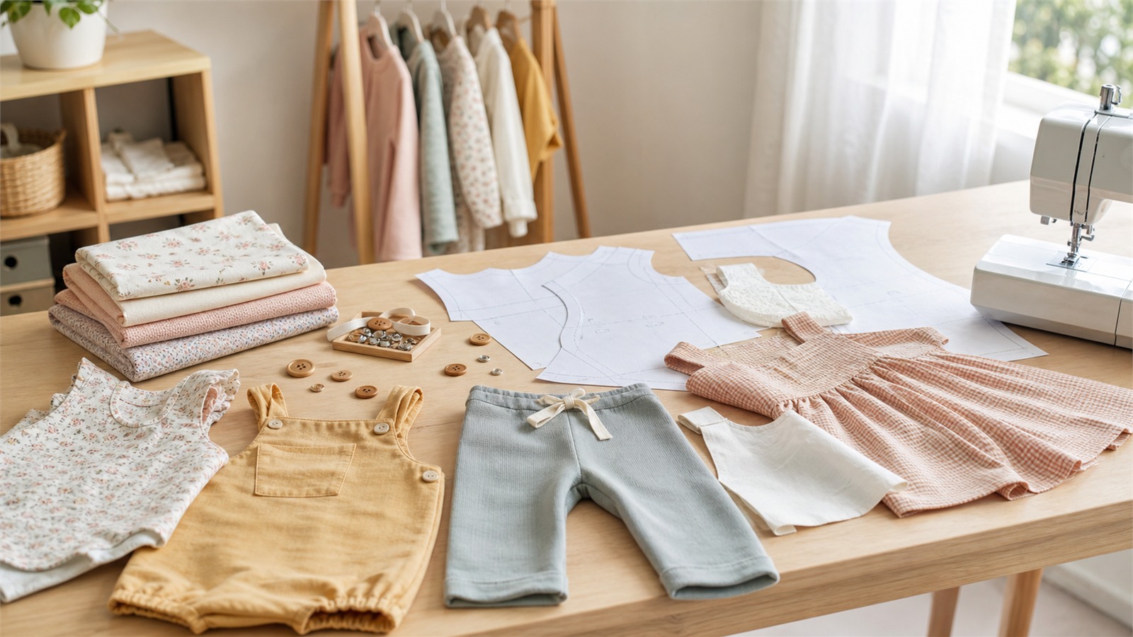 Patrons enfant et bébé avec tissus doux sur une table de couture