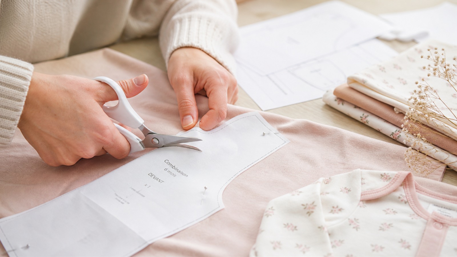 Découpe d'un jersey de coton doux pour vêtement bébé