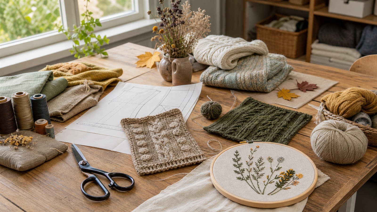 Atelier créatif textile avec patrons, tricot, tissus et tambour à broder