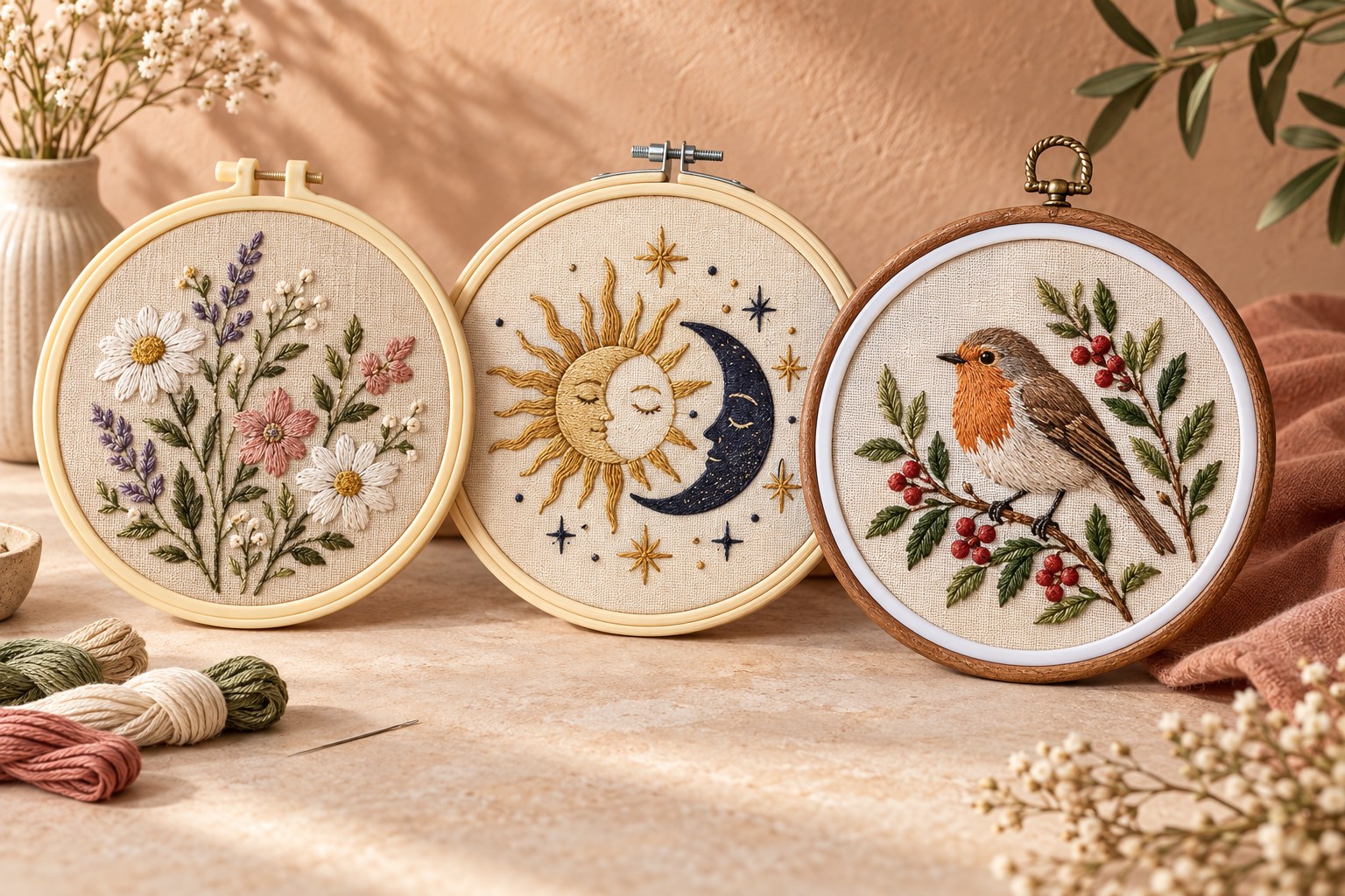 Les trois tambours Coutureo mis en scène avec des kits de broderie